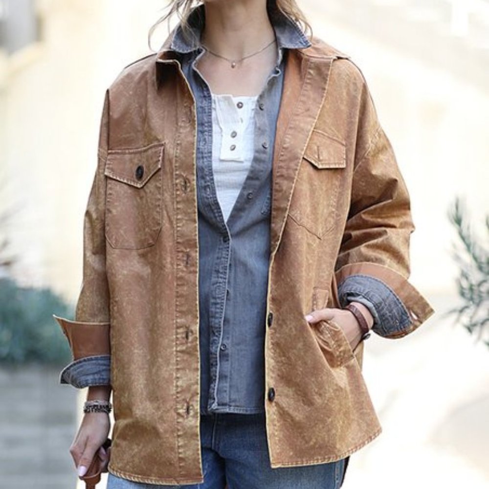 Deep Camel Poplin Vintage-Wash Oversized Shacket/NWOT/L - Picture 2 of 8